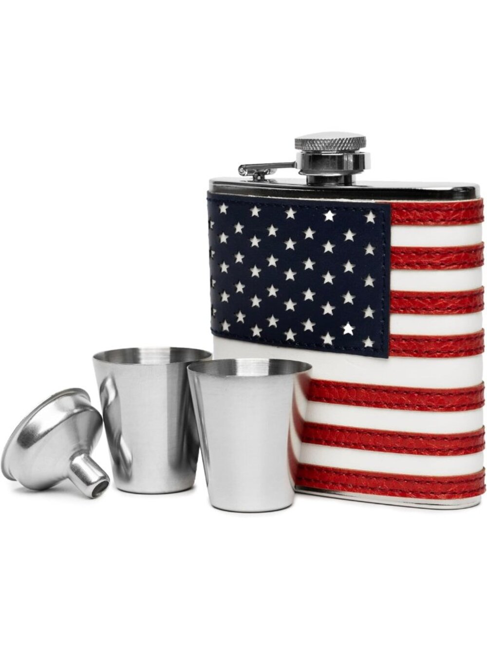 Patriotic 6 oz Stainless Steel Flask & Funnel Set with Faux Leather Flag Design